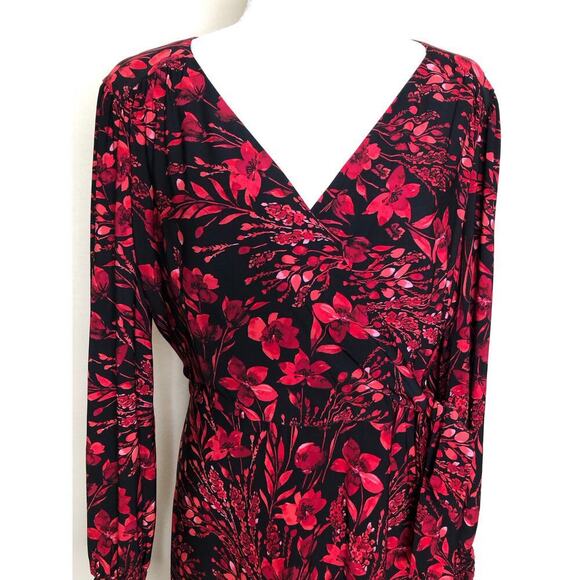 Tommy Hilfiger Long‎ Sleeve Midi Dress Faux Wrap V-neck Floral Red Black Elegant - Picture 11 of 16